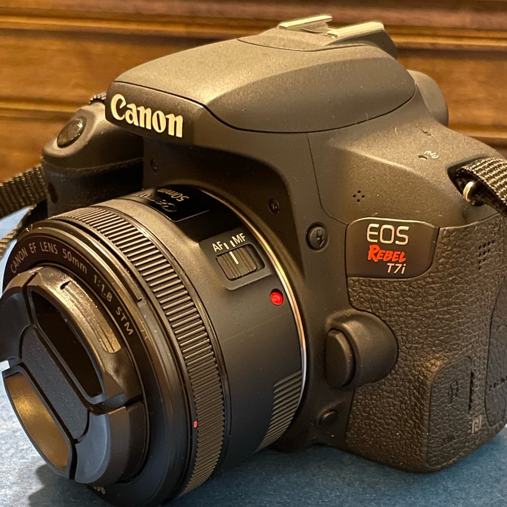Canon DSLR EOS Rebel T7i, 75-300 mm lens and 50 mm lens without lens cap